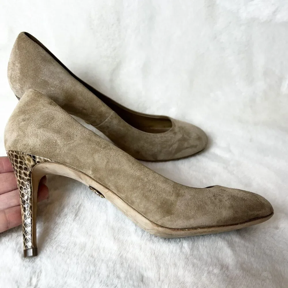 Tory Burch Tan Suede Pumps Snakeskin Stiletto Heels Women’s Sz 6M - Picture 1 of 9